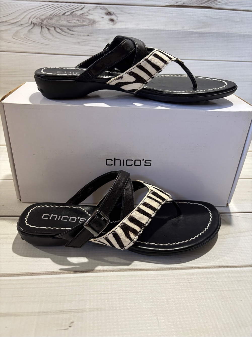 Chico's Black Thong Sandal with Zebra-Print Strap